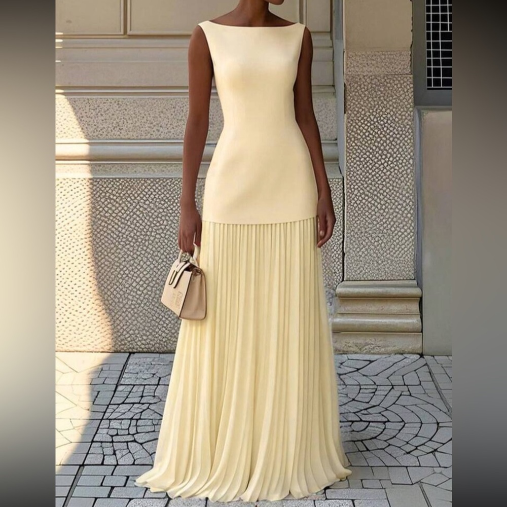 Elegant Yellow Boatneck Pleated Skirt and Top Set